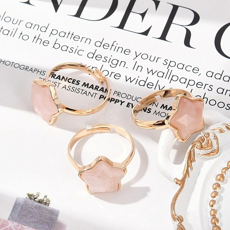 Star Natural Rose Quartz Adjustable Rings RJEW-H241-01G-02-1