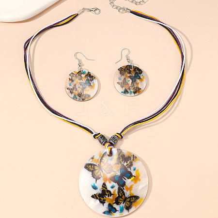 Boho Printed Natural Shell Graffiti Flat Round Pendant Earrings & Necklaces Set FS-WG2A623-06-1