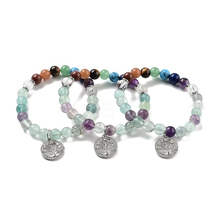 Natural Fluorite Round Beaded Chakra Stretch Bracelets BJEW-K251-01C-1