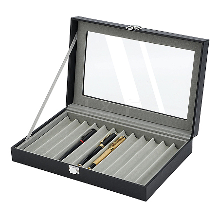 Black PU Leather Pen Organizer Boxes with Clear Glass Visible Window Lid CON-WH0107-129B-1