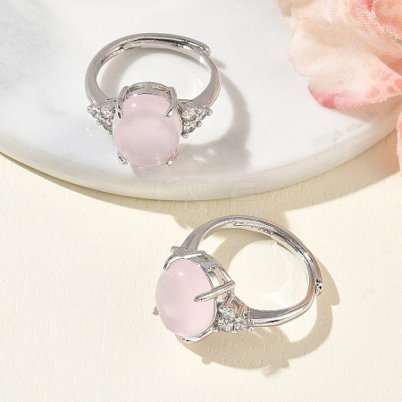 Brass Micro Pave Cubic Zirconia with Natural Rose Quartz Cuff Open Rings RJEW-T035-01P-L-1