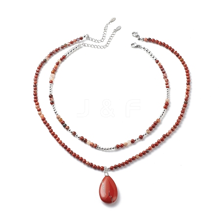2Pcs 2 Style Natural Red Jasper Teardrop Pendant Necklaces Set NJEW-JN04064-1