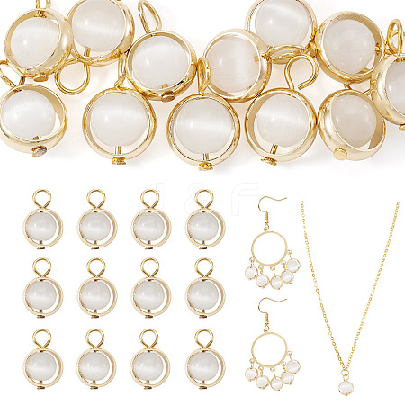 12Pcs Brass & Glass Imitation Cat Eye Round Charms PALLOY-TAC0237-01-1
