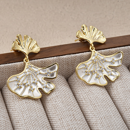 Ginkgo Leaf Brass Pave Clear Cubic Zirconia Stud Dangle Stud Earrings for Women EJEW-G391-10G-02-1