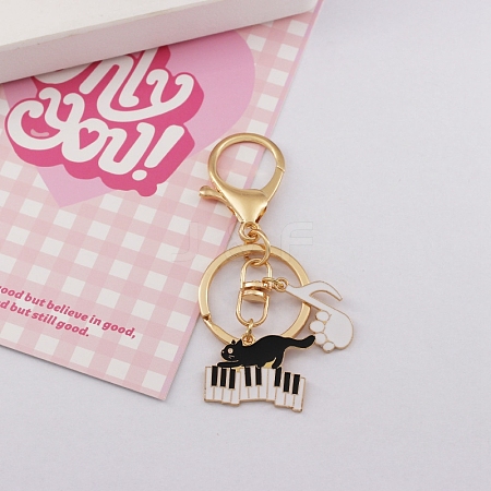 Zinc Alloy Enamel Cat with Piano & Musical Note Pendant Keychain PW-WG11132-01-1