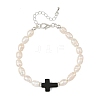 Dyed Synthetic Turquoise Black Religion Cross & Natural Pearl Rice Beaded Bracelets BJEW-JB14403-3
