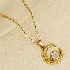 304 Stainless Steel Pave Natural White Shell Crescent Moon Pendant Necklaces ZQ6791-4-1