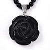 Natural Obsidian 4.5mm Round Beaded Flower Pendant Necklaces NJEW-T016-04B-4