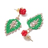 Rose with Leaf Seed Beads Stud Earrings EJEW-MZ00222-03-4