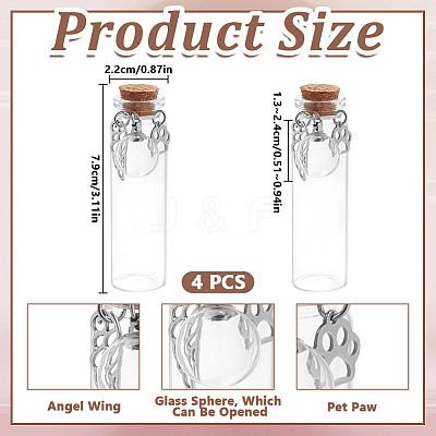 4Pcs Transparent Glass Empty Bottles with Alloy Feather and Paw Print Charms AJEW-DR00041-1