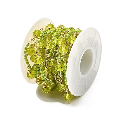 Brass Hexagonal Column Glass Seaded Beaded & Resin Round Beaded Link Chains CHC-G026-01G-1
