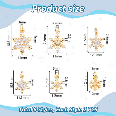 12Pcs 6 Styles Brass Micro Pave Clear Cubic Zirconia Pendants KK-GA0001-93-1
