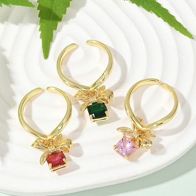 Brass Micro Pave Cubic Zirconia Adjustable Open Cuff Rings for Women RJEW-U057-05G-1
