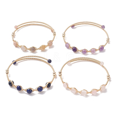 4Pcs 4 Style Natural Mixed Gemstone Round Beaded Cuff Bangles Set BJEW-JB10112-1