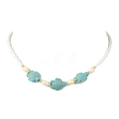 Ocean Sea Animals Synthetic Turquoise & Natural Cultured Freshwater Pearl & Glass Seed Beaded Necklaces for Women NJEW-JN06127-02-1