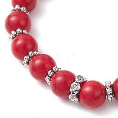 4Pcs 4 Colors Halloween Brass Crystal Rhinestone & Dyed Synthetic Turquoise Skull & Round Beaded Stretch Bracelet Sets for Men Women BJEW-JB12254-1