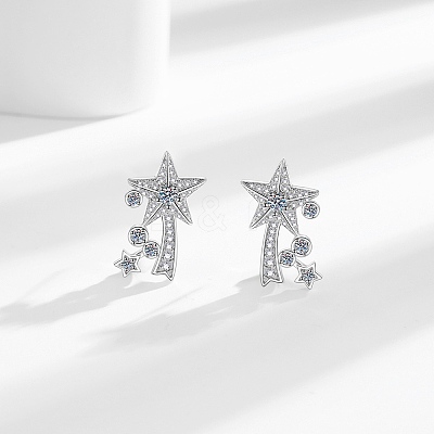 Brass Micro Pave Clear Cubic Zirconia Star Stud Earrings EJEW-B134-01-1