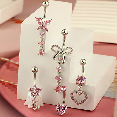 1Pc 304 Stainless Steel Rose Rhinestone Curved Barvell Dangle Belly Rings WGF9938-04-1