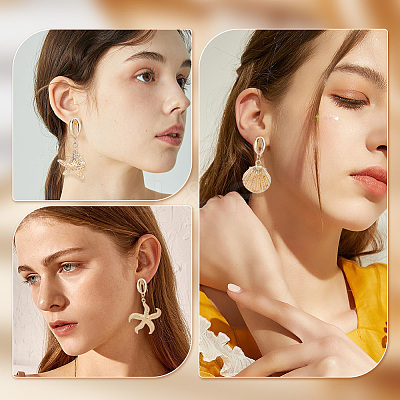 6 Pairs 3 Style Shell & Starfish Steel Asymmetrical Earrings with ABS Imitation Pearl Beaded EJEW-PH0001-15-1