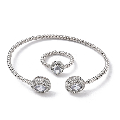 Oval Brass Micro Pave Cubic Zirconia Cuff Bangles & Rings Sets for Women SJEW-R002-03P-01-1