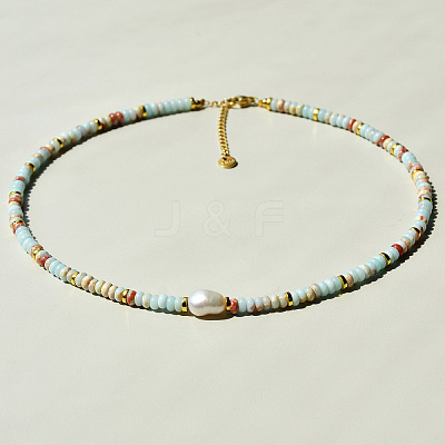 Natural Shoushan Stone & Natural Freshwater Pearl & Brass Rondelle Beaded Necklaces for Women WG98AF4-02-1