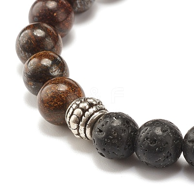Natural Bronzite & Lava Rock Round Beads Stretch Bracelet BJEW-JB07457-1