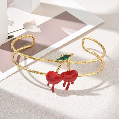304 Stainless Steel Enamel Red Cherry Open Cuff Bangles for Women SA-CBA0444-02G-1