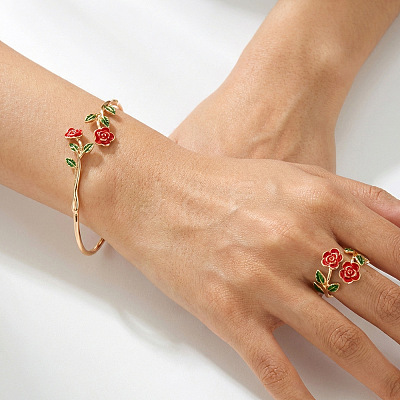 Camellia Flower Brass Enamel Cuff Bangles & Rings Sets for Women WGC9600-01-1