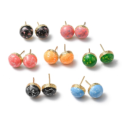 Enamel Half Round Stud Earrings EJEW-P229-01G-1