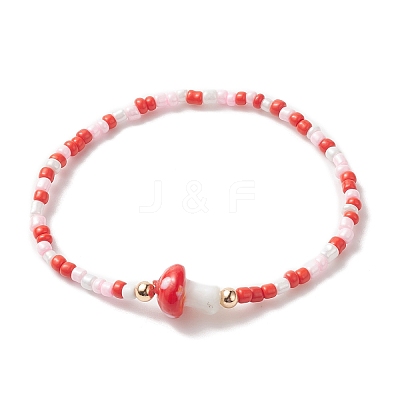 Mushroom Lampwork & Glass Seed & Brass Beaded Stretch Bracelets for Women BJEW-JB09272-1