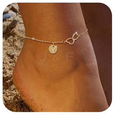 Brass Double Heart Link Flat Round Initial Charm Anklets for Women FS-WGA84B7-02-1