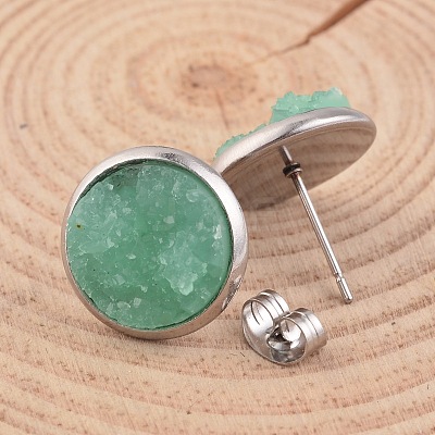 Flat Round 304 Stainless Steel Druzy Resin Ear Studs EJEW-JE01964-03-1