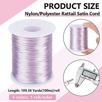 5 Rolls 5 Colors Nylon/Polyester Rattail Satin Cord WCOR-BC0001-04B-1