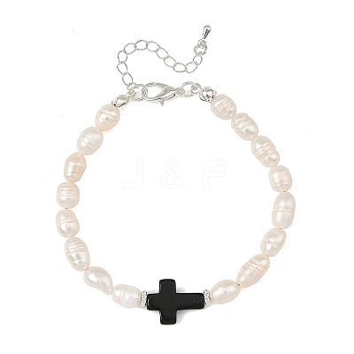Dyed Synthetic Turquoise Black Religion Cross & Natural Pearl Rice Beaded Bracelets BJEW-JB14403-1