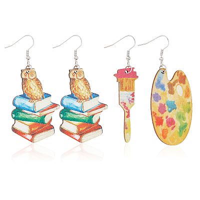 2 Pair 2 Style Book & Brush & Palette Single Face Printed Wood Dangle Earrings EJEW-AN0002-74-1