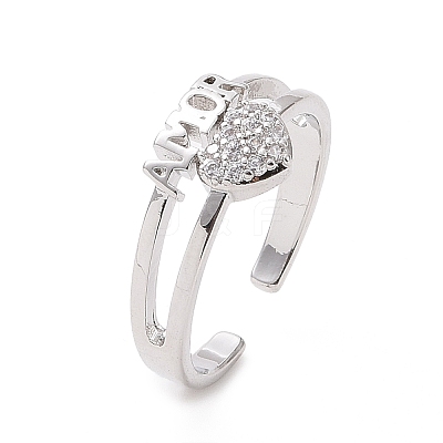 Clear Cubic Zirconia Heart with Word Amor Open Cuff Ring RJEW-I094-06P-1