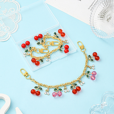 2Pcs 2 Styles Acrylic Red Pink Cherry Charm Brass & Aluminium Bag Decorative Chains PURS-SC0001-04-1