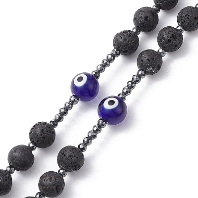 Natural Lava Rock & Synthetic Hematite Rosary Bead Necklaces NJEW-JN04460-1