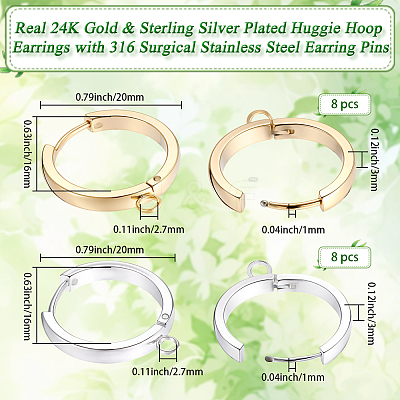 16Pcs 2 Colors 201 Stainless Steel Huggie Hoop Earrings Findings STAS-BBC0008-39E-1