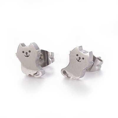 Tarnish Resistant 304 Stainless Steel Kitten Stud Earrings EJEW-F227-10P-1