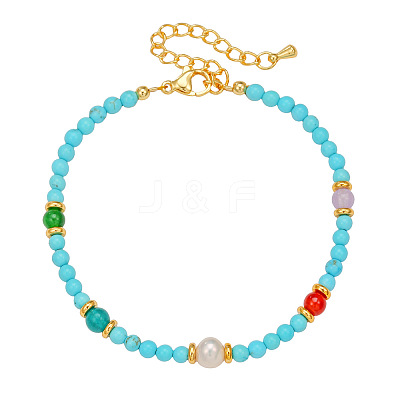 Round Synthetic Turquoise & Natural Red Agate & Freshwater Pearls Beaded Bracelets & Necklaces Sets for Women JT3894-3-1