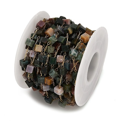 Handmade 304 Stainless Steel Indian Agate Beads Cube Link Chains CHS-B011-02G-02-1