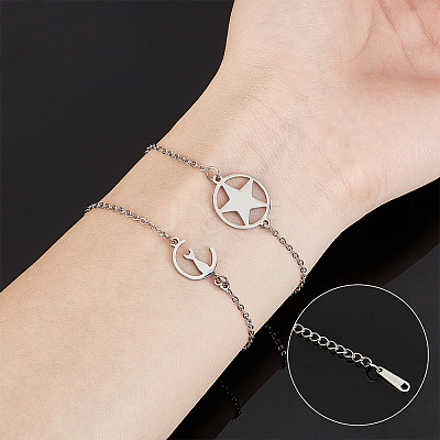6Pcs 3 Styles 201 Stainless Steel Pentacle Link Bracelets BJEW-UN0001-16P-1