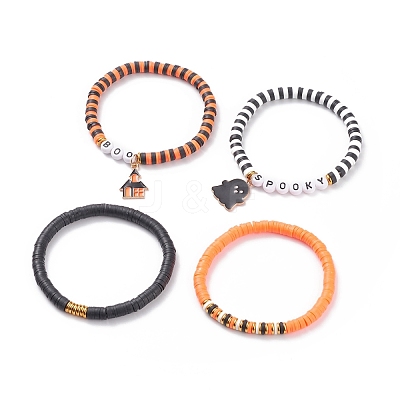 4Pcs 4 Style Polymer Clay Heishi Surfer Stretch Bracelets Set with Word Spooky Boo Acrylic Beads BJEW-TA00127-1