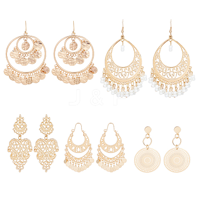 5 Pairs 5 Style Alloy Flat Round & Teardrop Filligree Boho Chandelier Earrings EJEW-AN0003-01-1