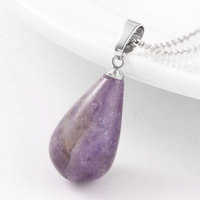 Teardrop Platinum Tone Brass Amethyst Pendants G-F267-04D-1