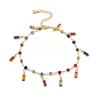 Bohemian Brass & Acrylic Flat Round Link Chain Anklets with Colorful Rectangle Tassel AJEW-Z046-03G-1