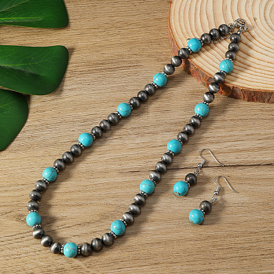 Synthetic Turquoise & CCB Plastic Round Beaded Necklaces & Dangle Earrings Sets WG1B28D-02-1
