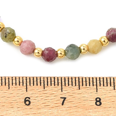Faceted Round Natural Multicolor Tourmaline & Brass Beaded Necklaces NJEW-JN06614-1