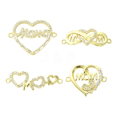4Pcs 4 Styles Heart Brass Micro Pave Clear Cubic Zirconia Connector Charmss KK-CJ0005-73-1